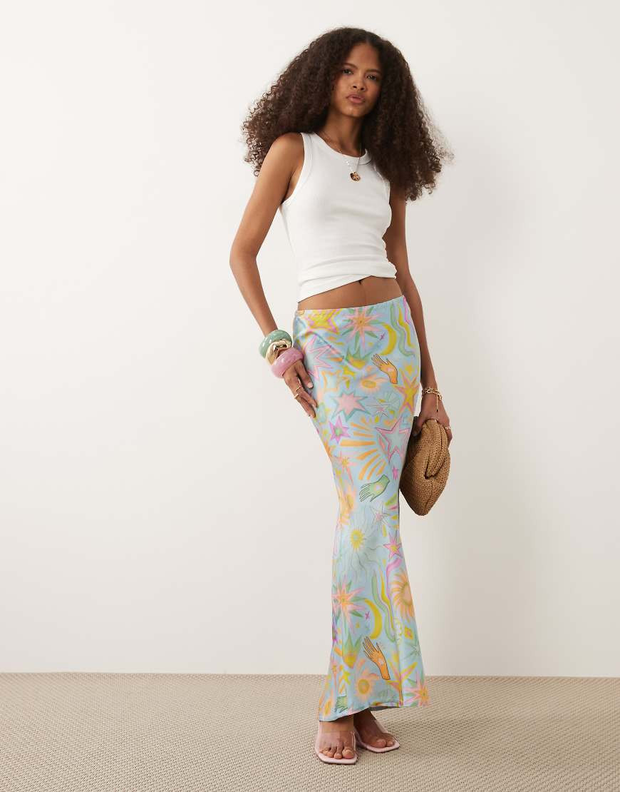 Never Fully Dressed Dorris satin maxi skirt in pastel star print-Multi | ASOS (Global)