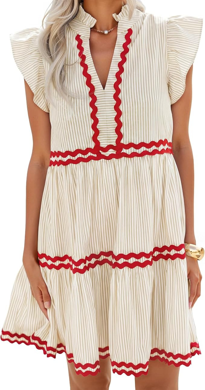 ZESICA Women's Summer Casual Mini Dress 2026 V Neck Flutter Short Sleeve Striped Ruffle A Line Be... | Amazon (US)