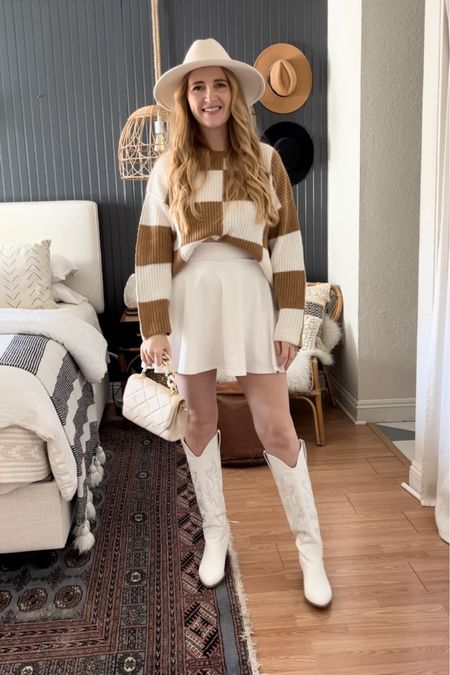 Tennis skirt, preppy outfit, tennis skirt outfit, checkered sweater, cowboy boots, cowgirl boots 

#LTKfindsunder100 #LTKfindsunder50 #LTKstyletip
