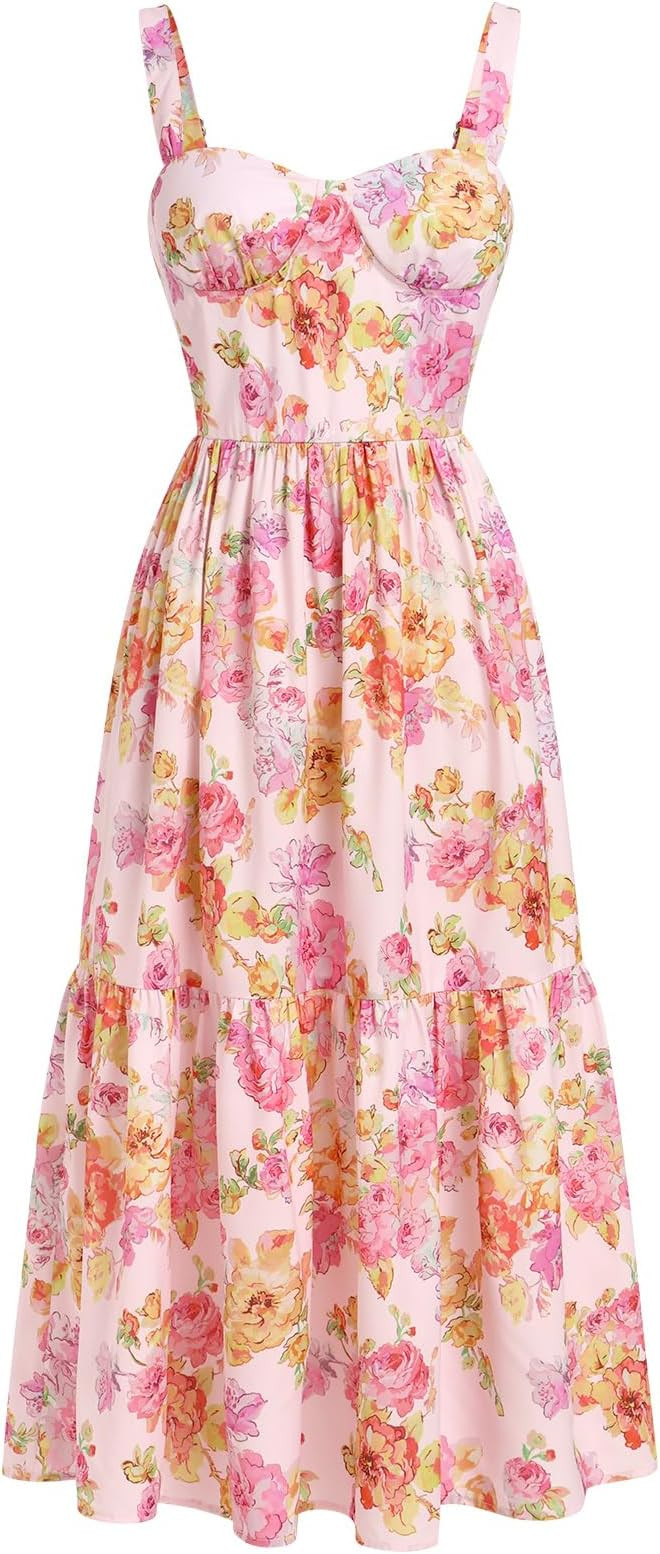 Women Floral Corset Dress Cottagecore Tiered Dress Sleeveless Bustier Dress Summer Flowy Spaghett... | Amazon (US)