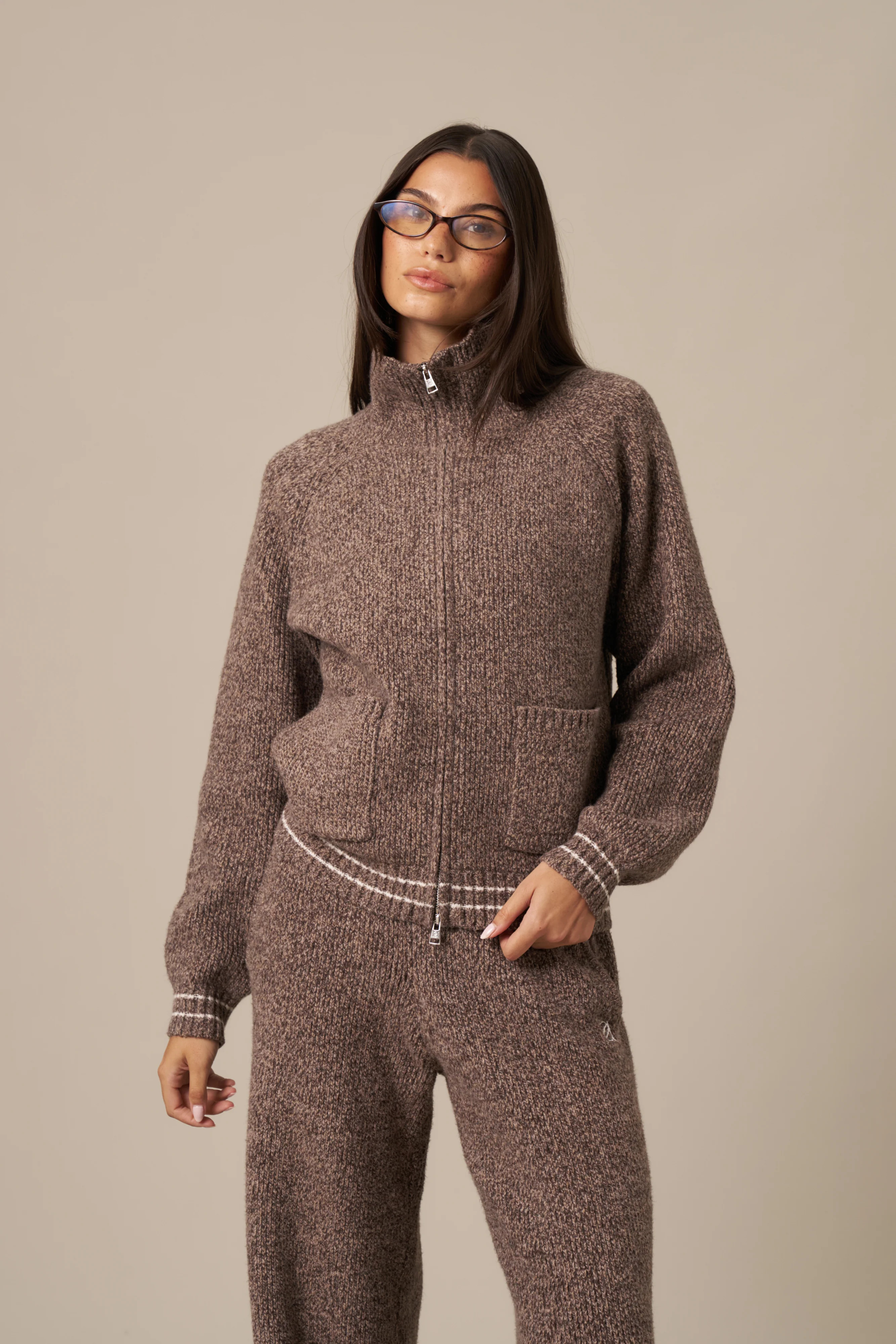 Marl Knitted Funnel Neck Zip Through Jumper - Cappuccino | Reasn