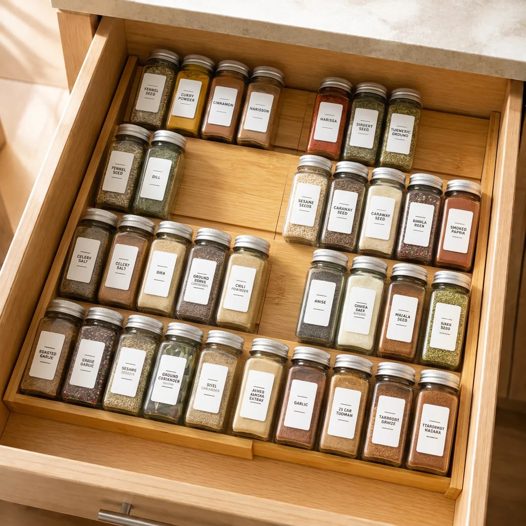 Expandable 4‑tier bamboo spice drawer insert, adjustable seasoning storage rack for kitchen cabinet organization, spice jars are not included | Wayfair North America