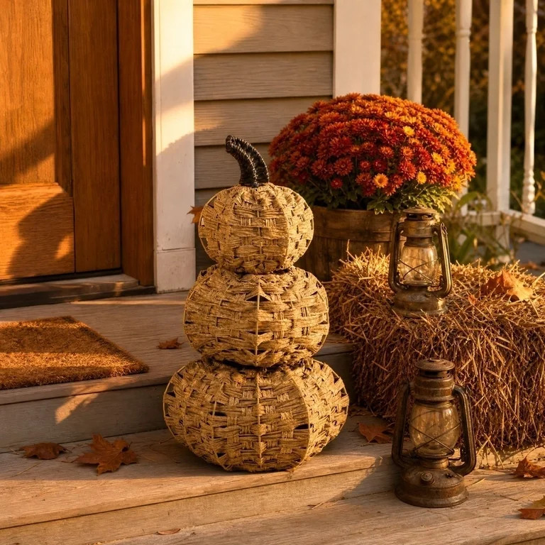 Yashow 3-Tier Pumpkin Halloween Decoration 12 Inch, Woven Rattan Stacked Pumpkins Table Centerpie... | Walmart (US)