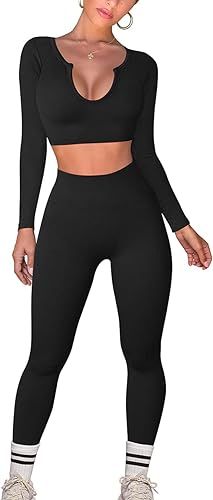 LNSK Women's Workout Outfits Yoga 2 Piece Seamless Ribbed Long Sleeve Tops Gym High Waist Running... | Amazon (US)