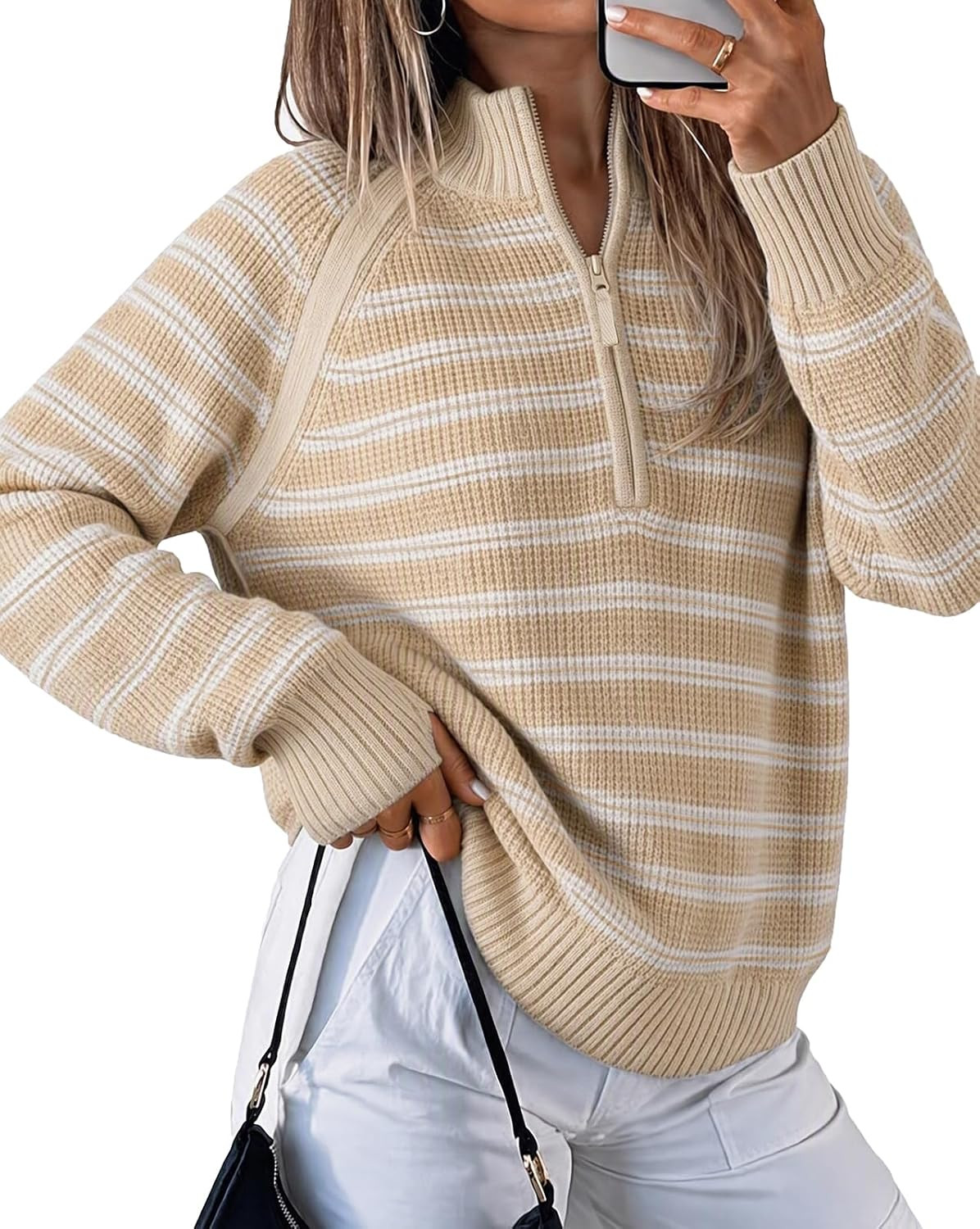 Fisoew Sweaters for Women Half Zip Striped Pullover Ribbed Knit Tops | Amazon (US)