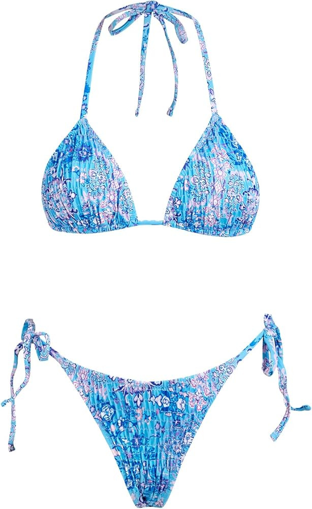 VOLAFA Women's Triangle Bikini Set String Swimsuit Print Tie Smocked Ruched Two Piece Bathing Sui... | Amazon (US)