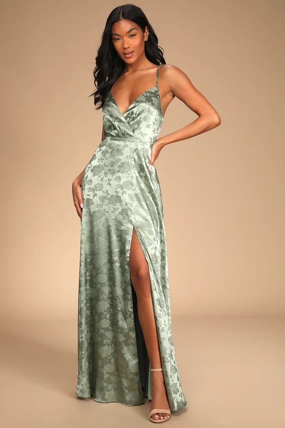 Forever Exquisite Sage Green Satin Surplice Maxi Dress | Lulus