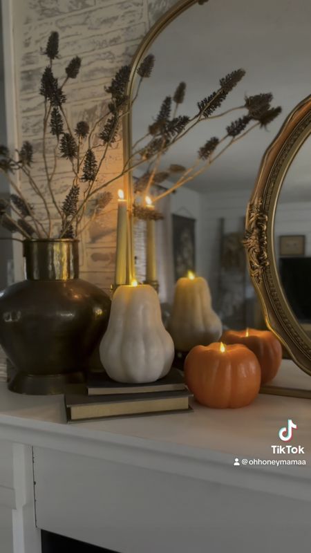Luminara pumpkin and gourd candle on fall mantle decor | fall | autumn 