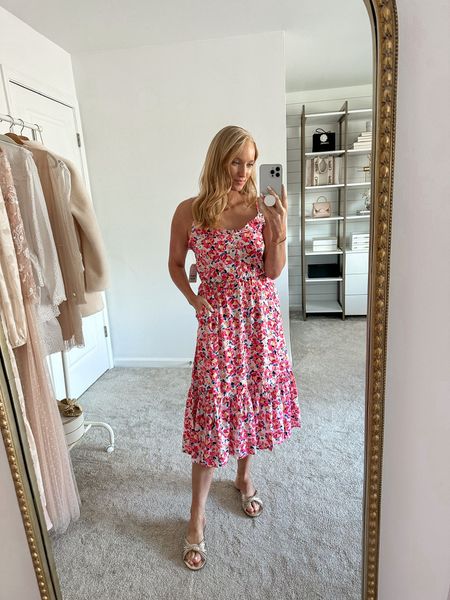 Chic floral midi dress from Walmart for under $30. Perfect for any occasion you have coming up and pairs great with their gold sandals! 

#LTKstyletip #LTKSeasonal #LTKshoecrush