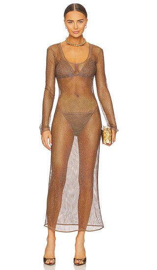 SIMKHAI Lorenzo Crystal Mesh Cover Ups Long Sleeve Dress in Brown. - size XS (also in M, S) | Revolve Clothing (Global)