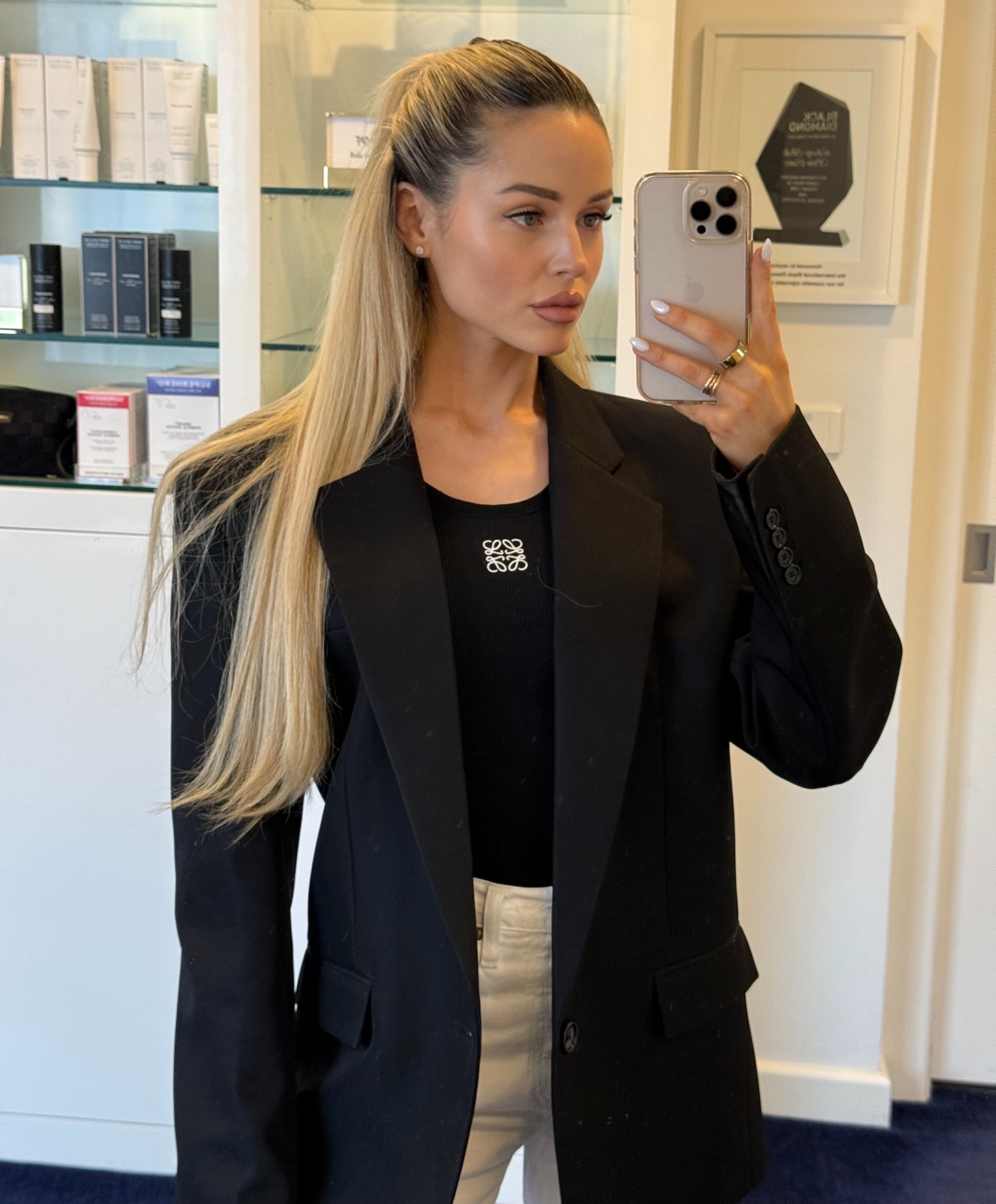 Loewe Anagram Black Top (x small)
White jeans (size 23)
Black blazer  (XS/S) my exact one is sold out have linked some similar options 

#LTKaustralia #LTKstyletip #LTKjeans