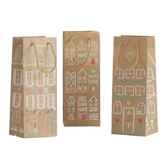 Meri Meri Gingerbread Kraft Paper Holiday Wine Bags 3 Pack | World Market