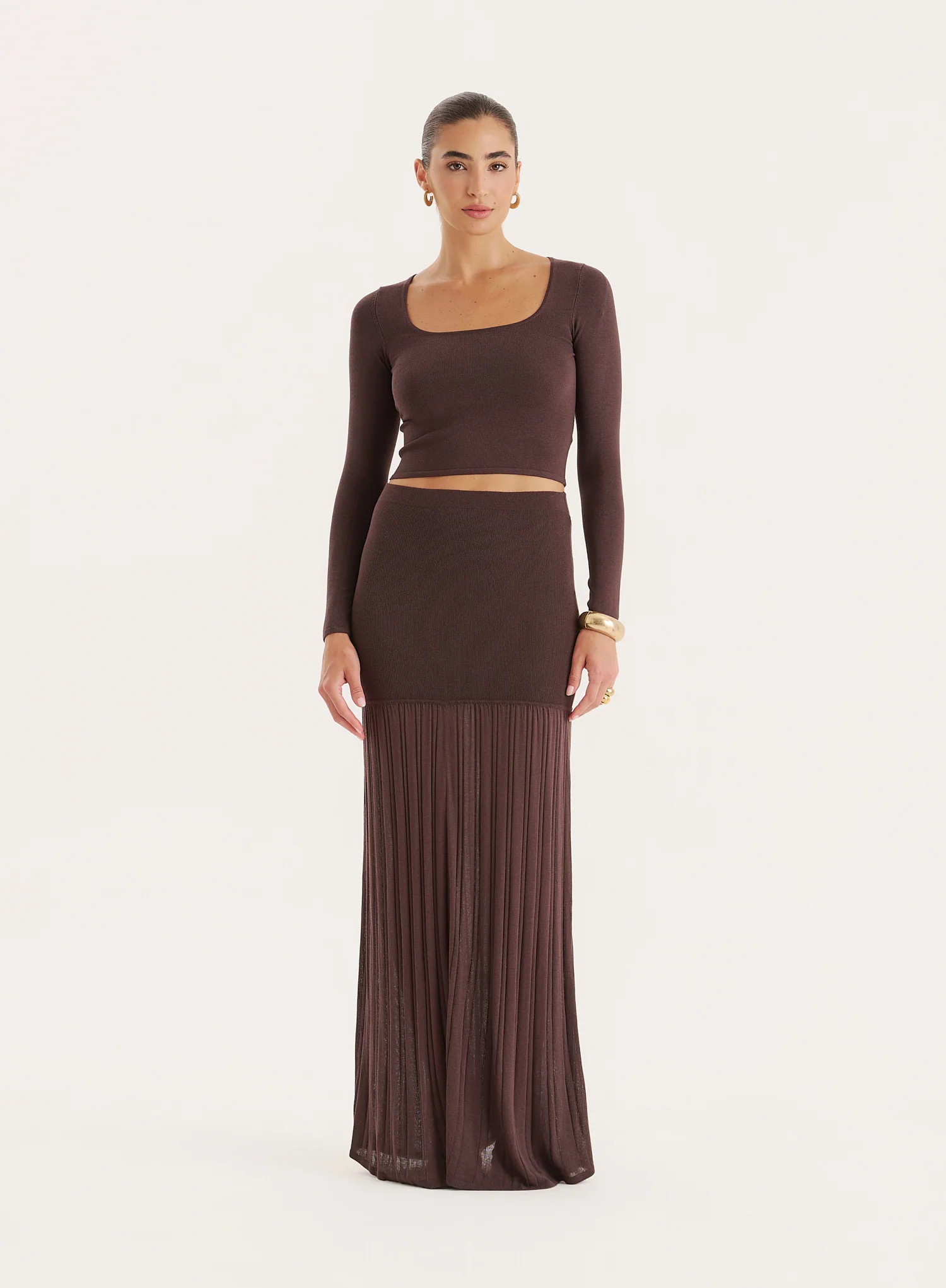 Chocolate Knitted Drop Waist Maxi Skirt- Nancy | 4th & Reckless