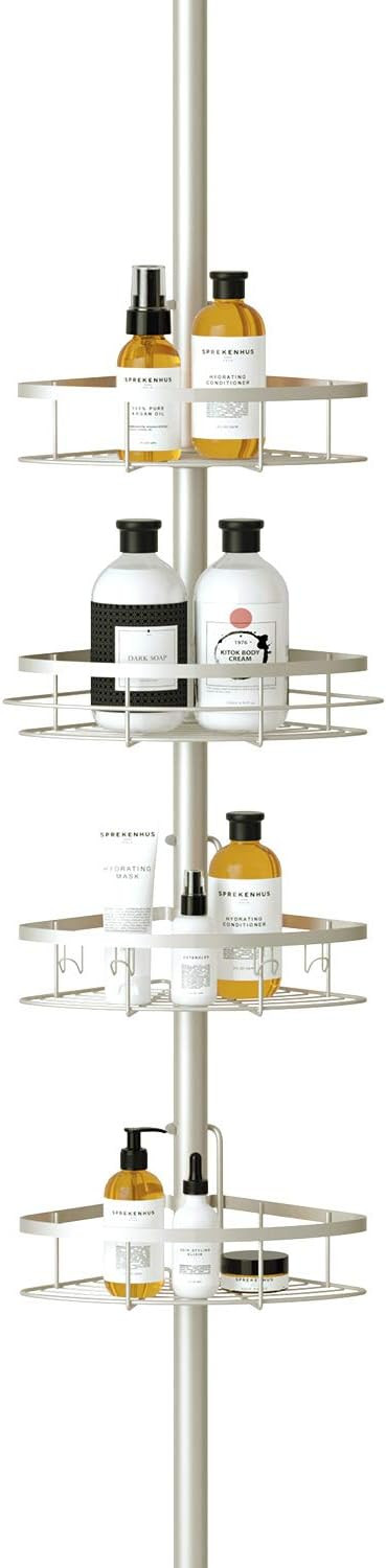SEIRIONE Bathroom Shelf, Tension Shower Pole Caddy, Rustproof Stainless Steel, 4 Tier, Nickel | Amazon (US)