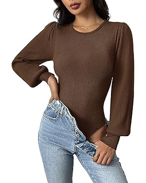 Zeagoo Women 2026 Long Puff Sleeve Sweater Fall Slim Fit Pullover Tops Crewneck Ribbed Knit Bodys... | Amazon (US)