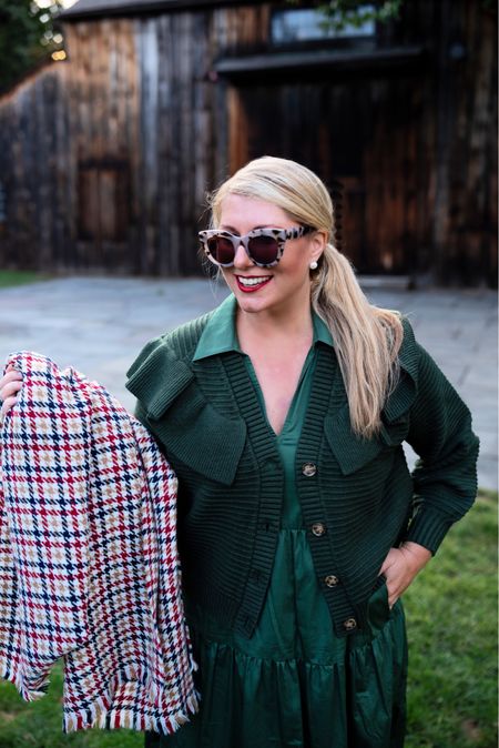 This green sweater cardigan is going to be so cute with just jeans too! Green collared midi tiered dress, houndstooth wool scarf, light tortoise sunglasses, fall outfit, fall dress

#LTKover40 #LTKSeasonal #LTKstyletip
