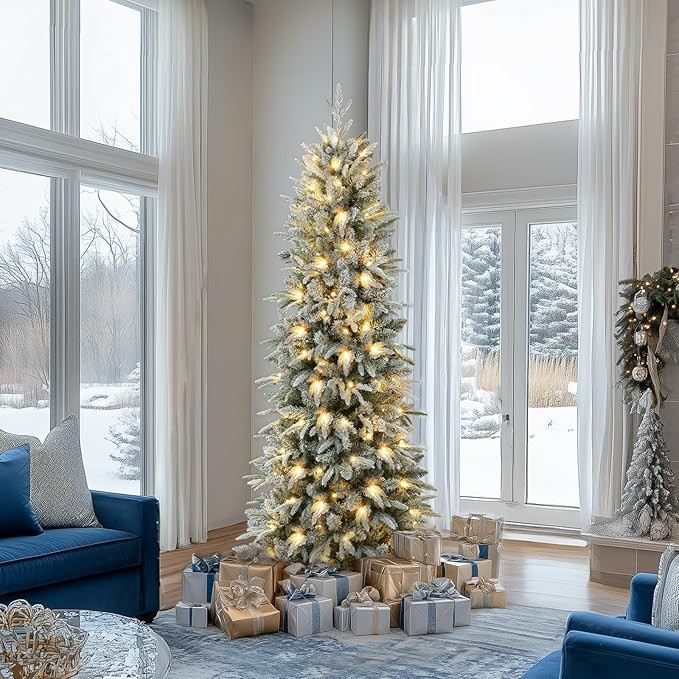 7.5FT Pre-lit Artificial Snow Flocked Pencil Christmas Tree with 400 LED Lights, PVC&PE 1950 Bran... | Amazon (US)