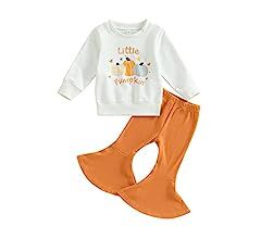 Baby Girl Halloween Outfit Pumpkin Print Long Sleeve Sweatshirt Tops Bell Bottom Pants Toddler Fl... | Amazon (US)