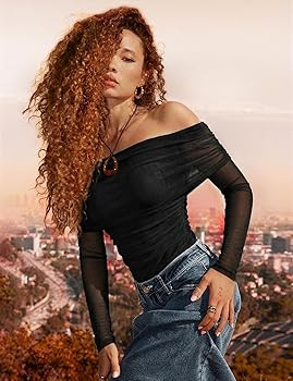 SAUNGKUAI Women's Off The Shoulder Long Sleeve Bodysuit Sexy Slimming Body Suit Tops Sheer Mesh R... | Amazon (US)