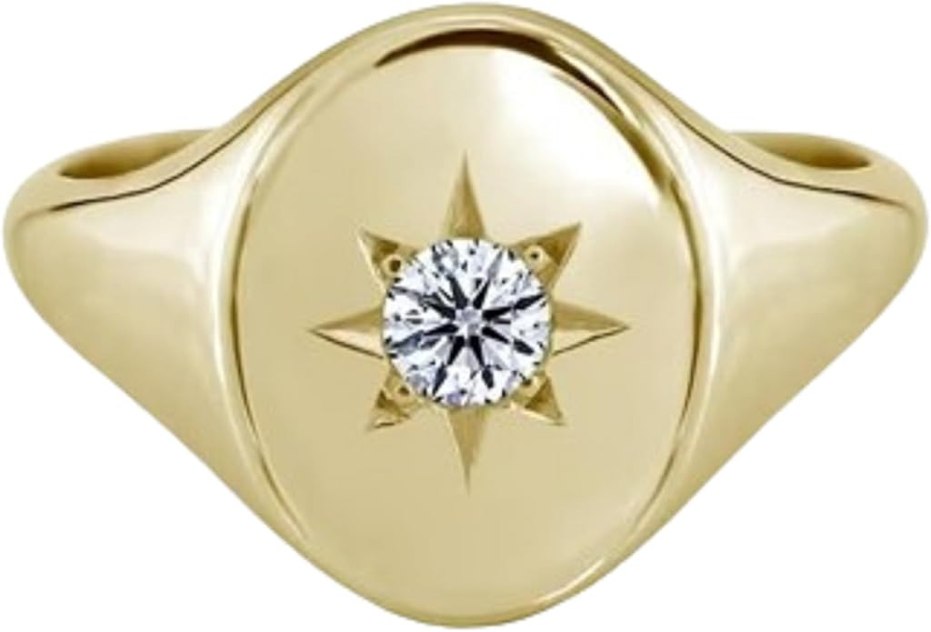 Women's 14K Solid Gold Plated Oval Signet Ring Single Diamond North Star Ring Star Setting Diamon... | Amazon (US)