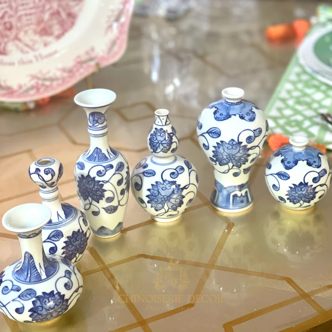 Set of 6 Blue and White Ceramic Collectible Miniature Vases Hand Painted Chinoiserie Decor - Etsy | Etsy (US)