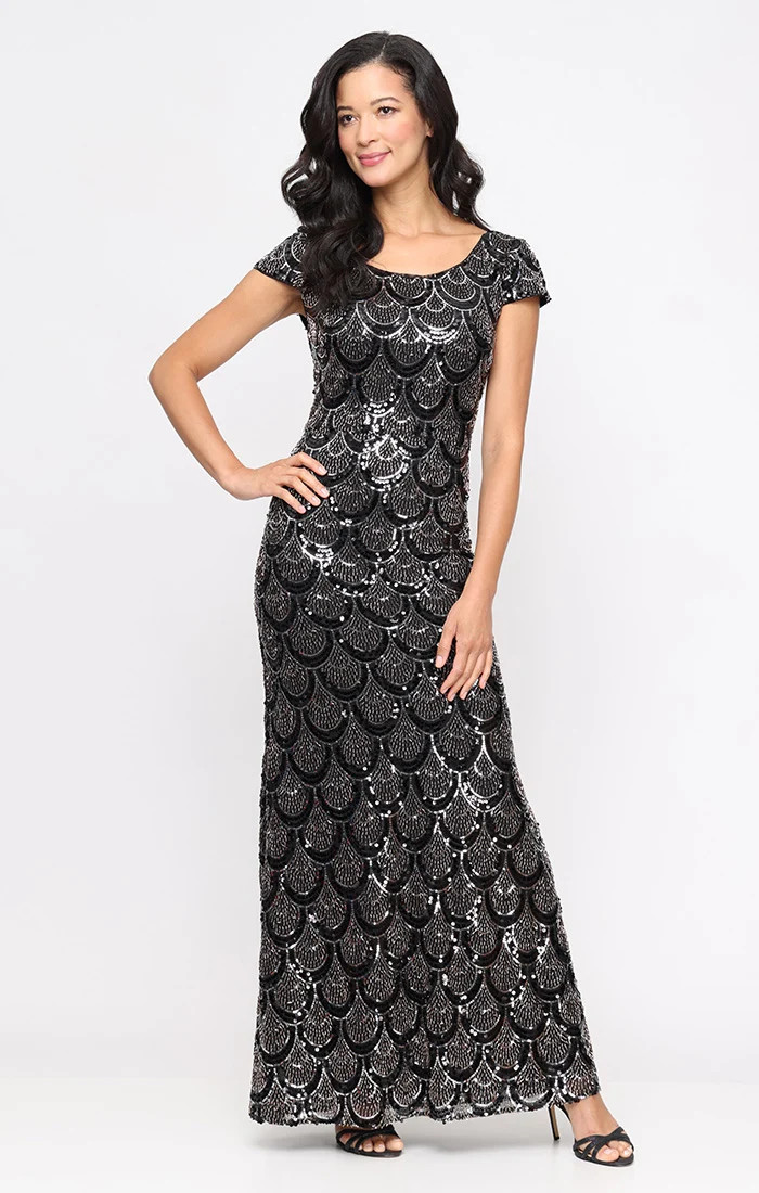 Long Cap Sleeve Sequin Dress with Scoop Neckline | Alex Evenings