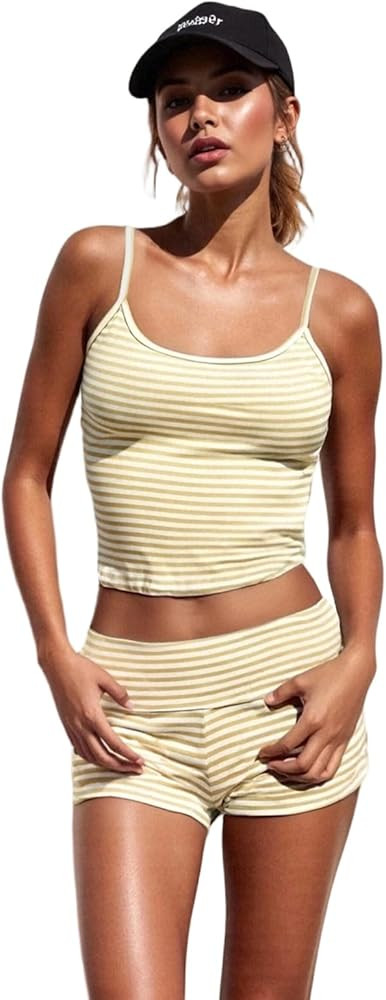 Muineobuka Women Summer Y2K Sexy Striped Pajama Set Backless Fit Strap Crop Cami Tank and micro S... | Amazon (US)
