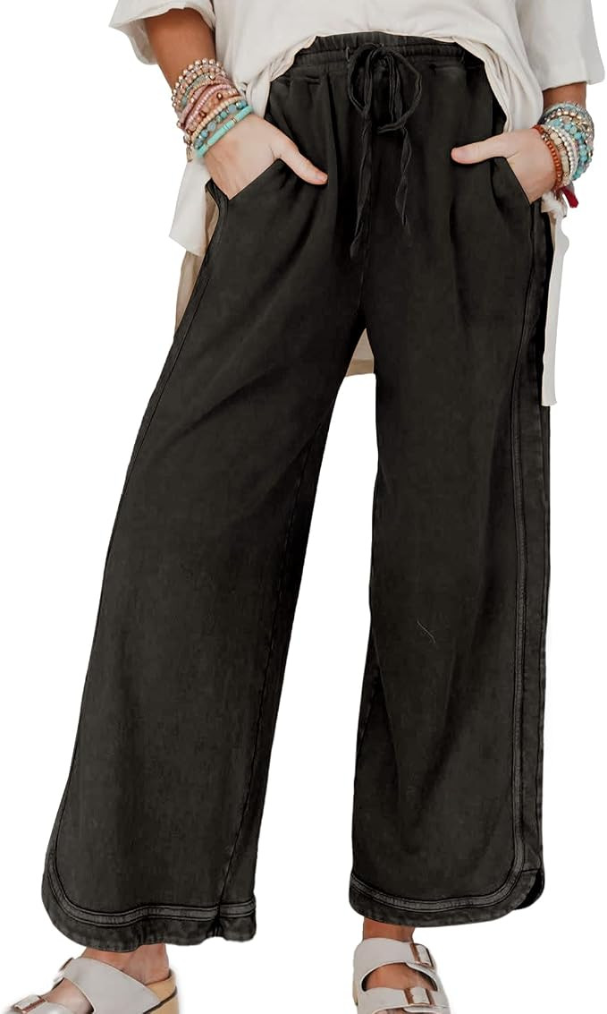 Women's Palazzo Pants Acid Wash Capri Pants Drawstring Athletic Wide Leg Trousers Summer Lounge H... | Amazon (US)