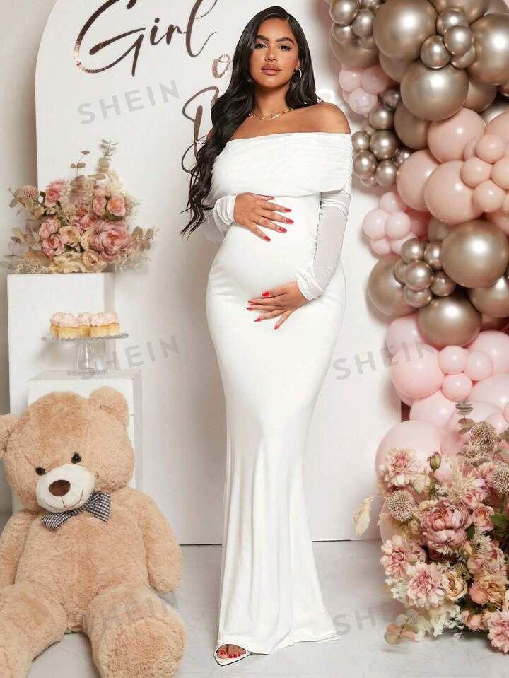 SHEIN Maternity Off Shoulder Foldover Front Floor Length Dress | SHEIN