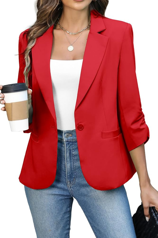 ELLEVEN Women's Ruched 3/4 Sleeve Blazers, Lightweight Slim Fit Jackets with Padded Shoulder for ... | Amazon (US)