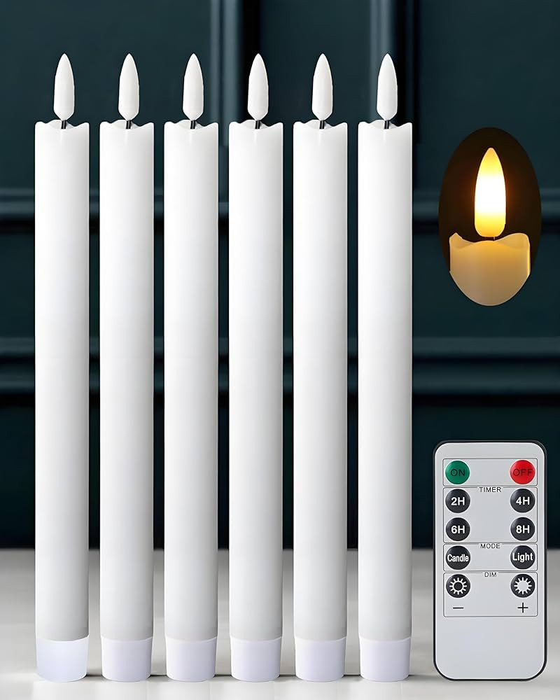 9.6" Waxy Flameless Taper Candles with Remote Timer, White LED CandleSticks, Box of 6 Flickering ... | Amazon (US)