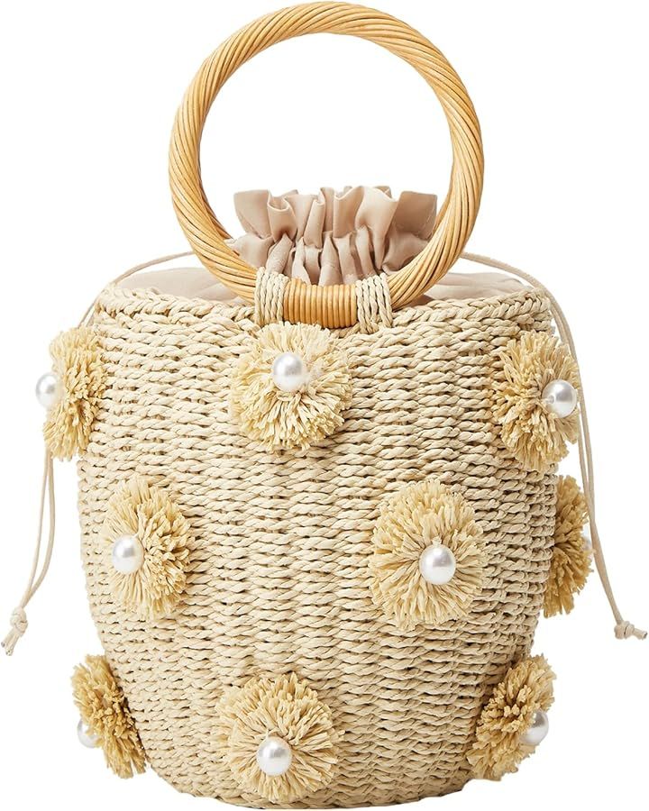 Summer Straw Bag for Women Pearl Flower Bucket Tote Bag Diamond Handbag Hand Woven Rattan Shell P... | Amazon (US)