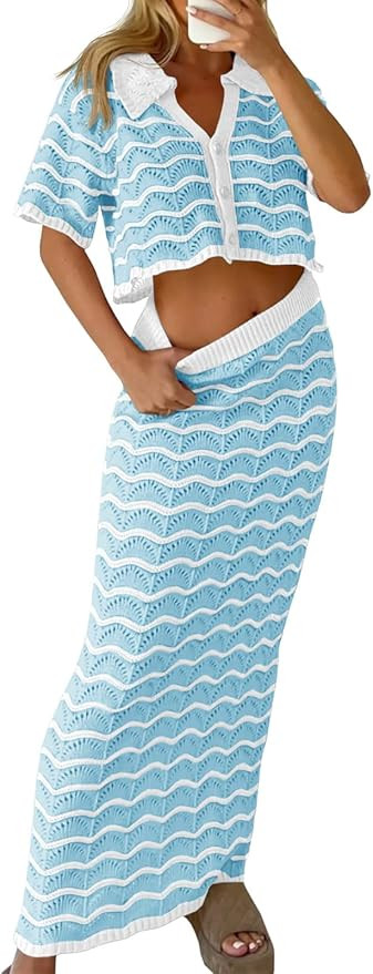 Saodimallsu Women Striped Beach Cover Up Set Button Short Sleeve Collared Crop Top Maxi Skirt Cro... | Amazon (US)