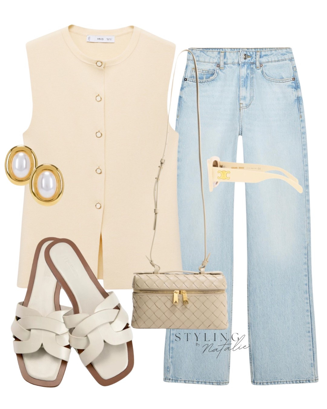 Spring summer style- Butter yellow knit waistcoat, light jeans, flat sandals, Bottega Veneta vanity bag, Celine sunglasses and pearl earrings. Casual chic, on trend, pale yellow, spring colours, mango, zara, high street fashion style.

#LTKuk #LTKspring #LTKsummer