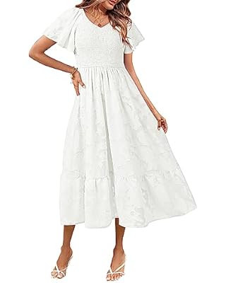 GRACE KARIN Women's 2023 Boho V Neck Short Flutter Sleeve Smocked Tiered Dress Empire Waist Ruffl... | Amazon (US)