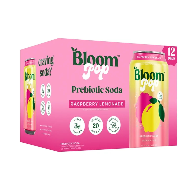 Bloom Pop Prebiotic Soda, Raspberry Lemonade, 12 fl oz, 12 Pack | Walmart (US)