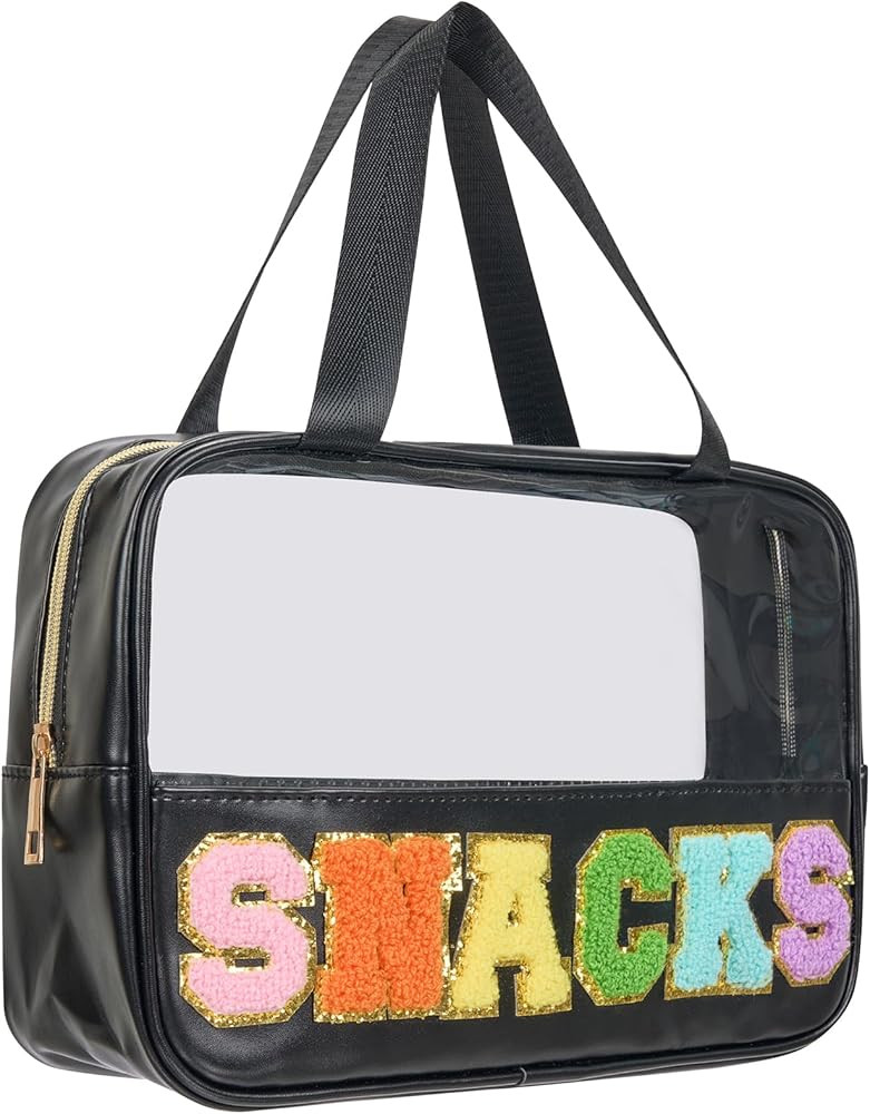 Snack Bags, Chenille Letter Clear Makeup Bag, Snack Bag for travel, Clear Snack Pouch, Preppy Cos... | Amazon (US)