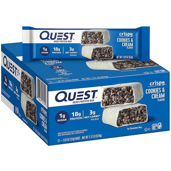 Quest Nutrition Crispy Cookies & Cream Hero Protein Bar, 18g Protein, 1g Sugar, 3g Net Carb, Glut... | Amazon (US)