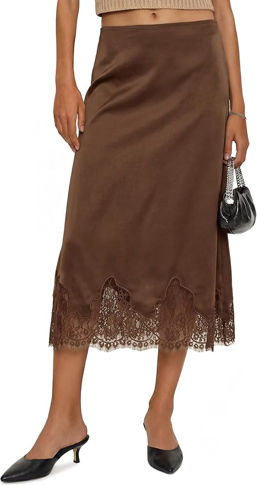 Cicy Bell Womens Silk Satin Midi Skirts Casual Dressy Lace Hem High Waisted A-Line Skirt Elegant ... | Amazon (US)