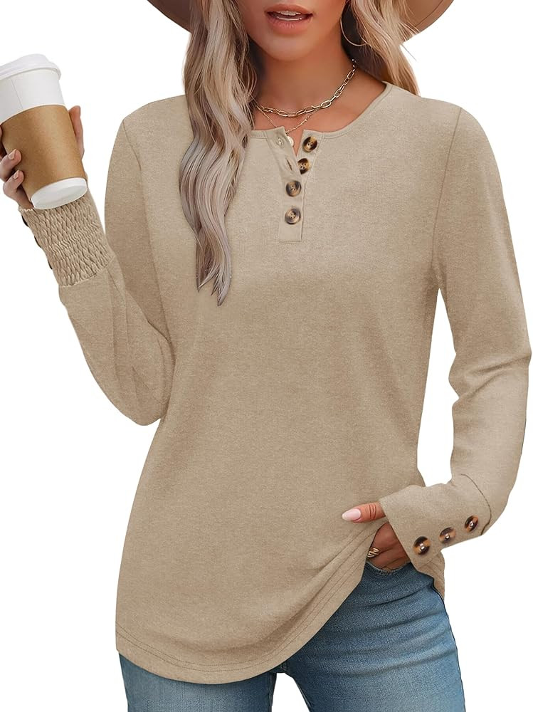 Anbech Long Sleeve Shirts for Women Blouses Henley Tops Crew Neck Business Tunic Tops Smocked Cuf... | Amazon (US)