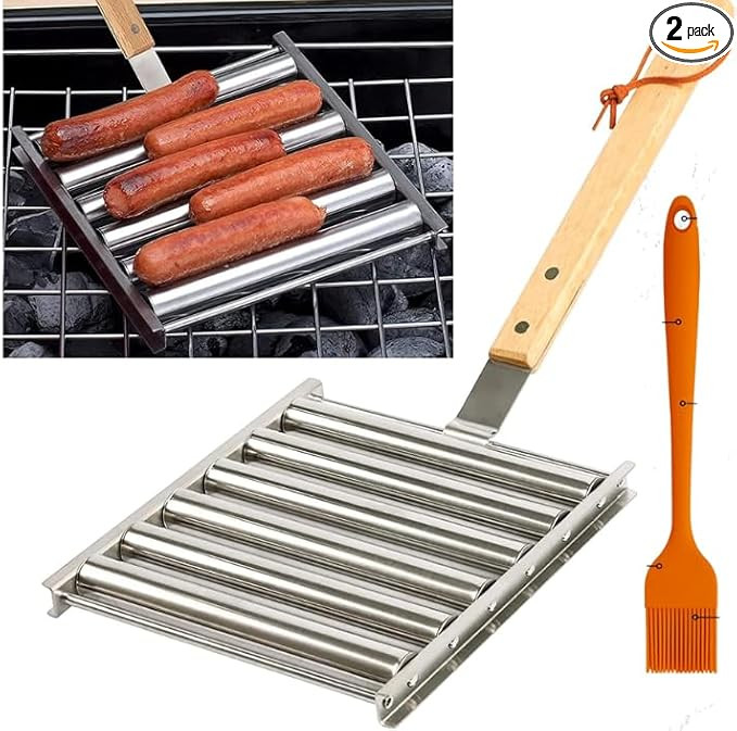 Hot Dog Roller For Grill – Extra Long Wood Handle, Cooks Evenly Without Flipping, Portable BBQ ... | Amazon (US)