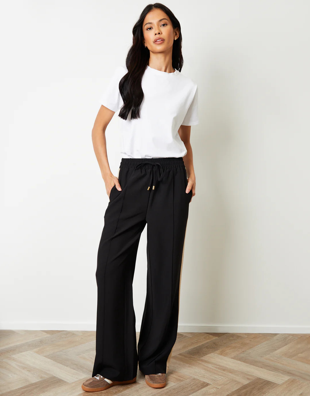 Black Side Stripe Pull On Wide Leg Trousers | Threadbare