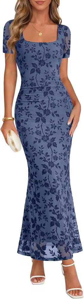 MEROKEETY Women Summer Floral Wedding Guest Maxi Dress 2026 Short Sleeve Square Neck Mesh Bodycon... | Amazon (US)
