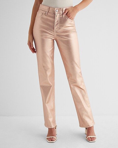 High Waisted Metallic Coated Modern Straight Jeans | Express