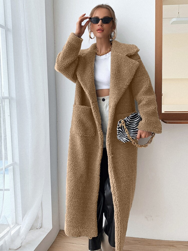 Lapel Neck Pocket Patched Teddy Coat | SHEIN
