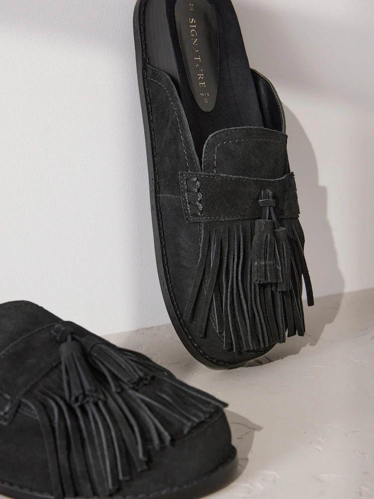 Black Signature Premium Leather Suede Fringe Footbed Mules | Next US