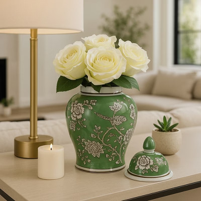 Modern Ceramic Bird and Flower Design Jar for Office and Home Decor - Flower Vase Jar for Bedroom, Table, or House Accent - 11", Green & Brown | Target