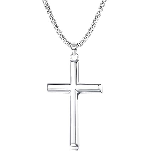 MILACOLATO Solid 925 Sterling Silver Cross Necklace for Men Women, 2mm Durable Diamond-Cut Sterling Silver Box Chain with Beveled Edge Cross Pendant, Mens Silver Crucifix Pendant Necklace Jewelry 22 Inches | Amazon (US)