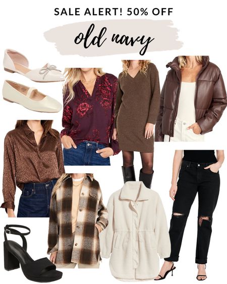 Sale alert! 50% off everything right now! Cutest fall styles, holiday fashion finds, trendy shoes and more all on sale! 

#oldnavy 

Holiday style. Old navy fall fashion. Plaid shacket. Holiday blouse. Distressed black jeans. Trendy Mary janes. Now embellished flats. Faux leather puffer jacket. Sweater dress. Sherpa longline jacket. Black block heels  

#LTKsalealert #LTKstyletip #LTKSeasonal