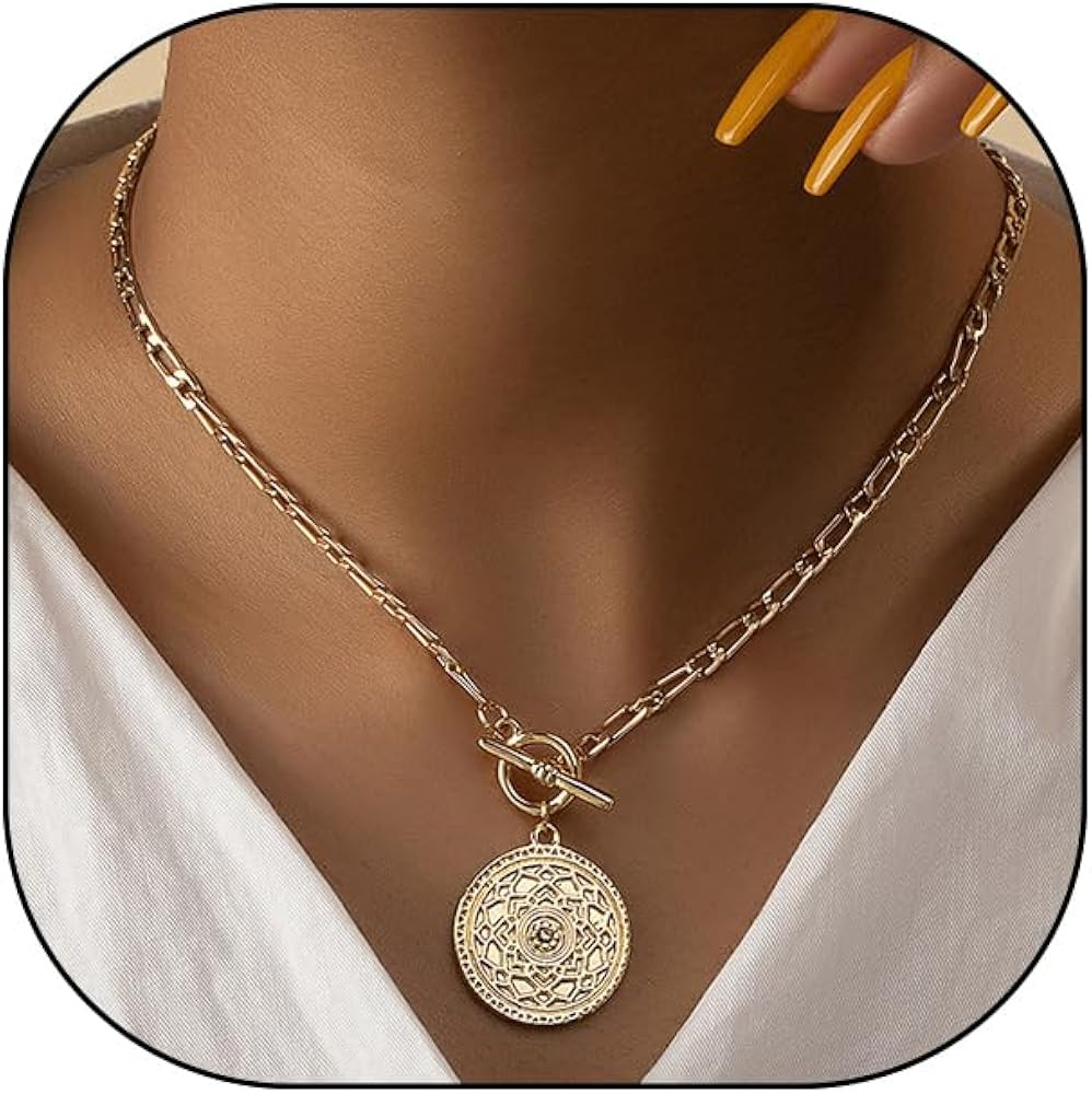 Rrdaily Trendy Gold Large Medallion Pendant Necklace for Women Punk Silver Toggle Clasp Chain Cho... | Amazon (US)